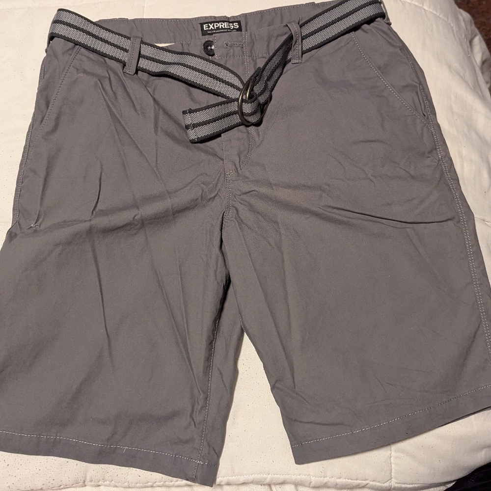 Express Men's Charcoal Gray Flat-Front Cotton Shorts with Web Belt